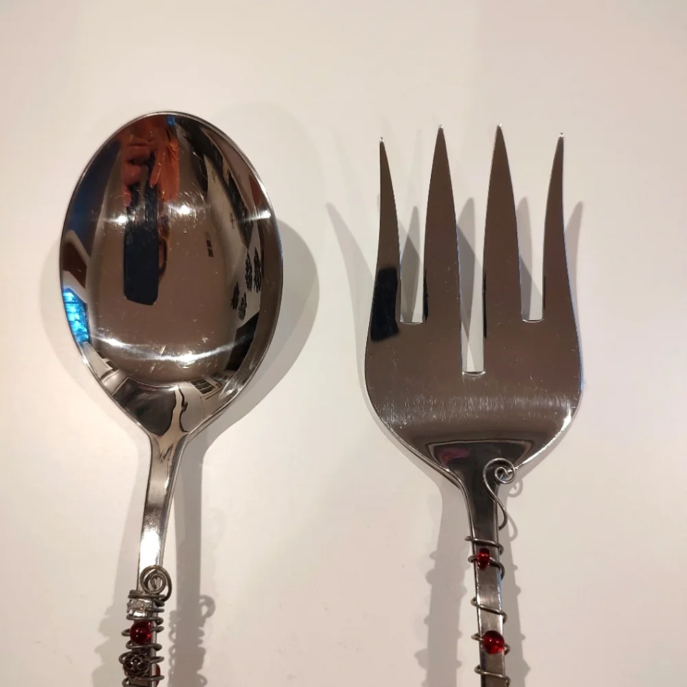 Gourmet Settings Jeweled Serving Spoon and Fork Party Red Stone